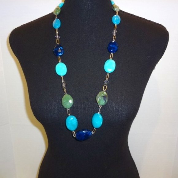 Silver Paper Clip Adjustable Necklace with Large Turquoise, Blue & Green Stones - Picture 1 of 3